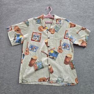 VINTAGE Barefoot Men Button Shirt M Beige Ukuleles Tropical Scene 90s USA